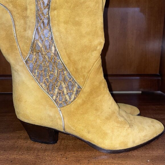 Vintage Andrea Borgini Suede Cowgirl Boots Gold Sheer 80s 90s Italy Sz 6 Western - Picture 6 of 16